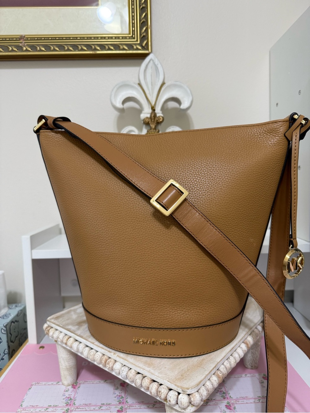 Michael Kors Cognac Pebbled Leather Bucket Shoulder Bag